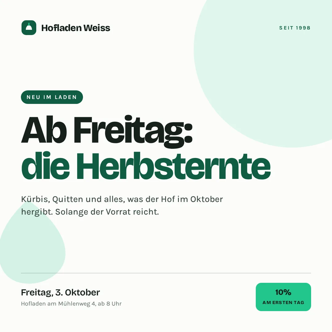 Ein fertiger Post eines Hofladens zur Herbsternte, erstellt mit Postmint